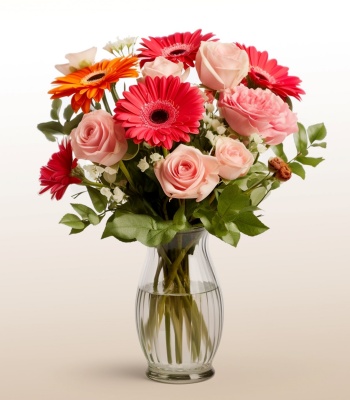 Gerbera And Roses In Vase