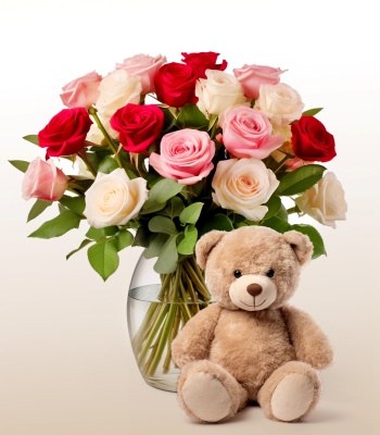 Mix Roses And Teddy Bear