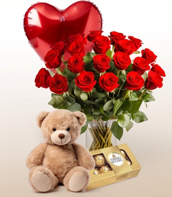 Red Roses With Teddy Bear, Balloon And Chocolates