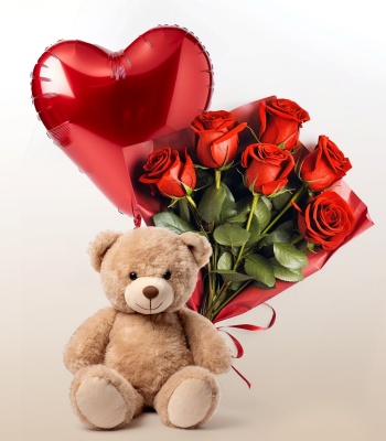 Roses Bouquet With Balloon And Teddy Bear