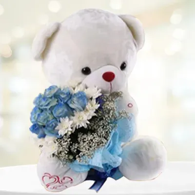 Beautiful Teddy Bear With Blue Roses