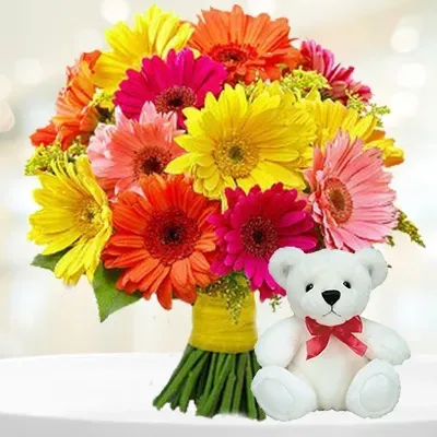 Mixed Gerbera Bouquet With Teddy