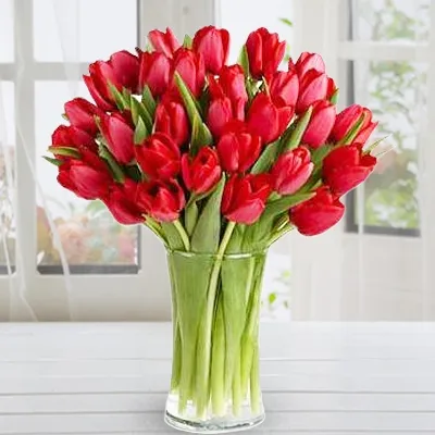 Red Tulip Flower Arrangement In Vase