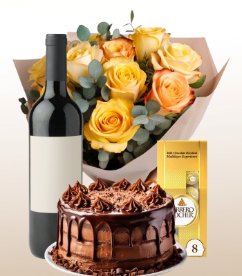 12 Yellow Roses And Wine Bottle