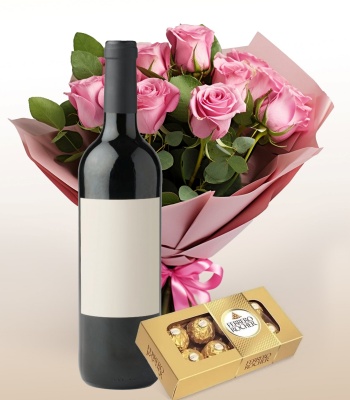 15 Roses With Wine And Chocolate Box