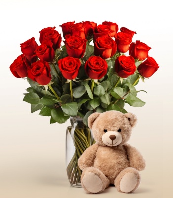 24 Red Roses With Teddy Bear