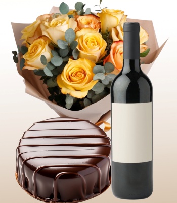 Chocolate Cake With Rose Flowers And Wine Bottle