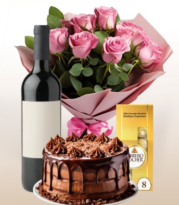 Chocolate Cake With Roses And Wine Bottle