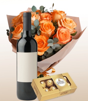 Flowers With Cake And Wine Gift Combo