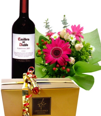 Flowers With Red Wine And Chocolates