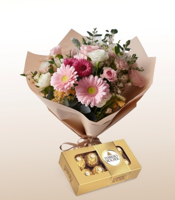 Mix Flowers And Ferrero Rocher Chocolates Box