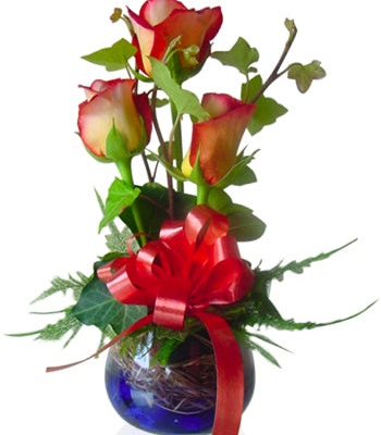 Rose Flower Arrangement In Glass Bowl