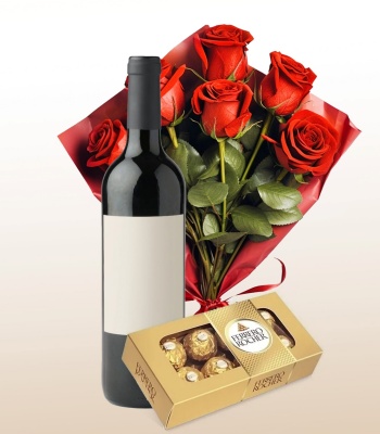 Roses With Wine And Chocolate Box