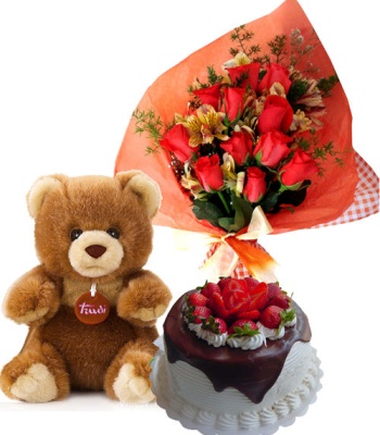 Strawberry Cake With Flowers And Teddy Bear