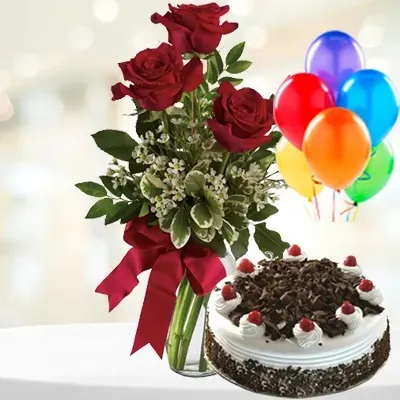 Black Forest Cake with Red Roses and Balloons