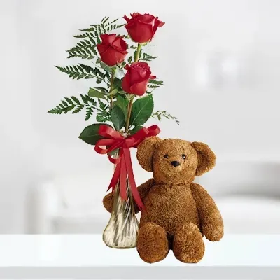 Rose Flower Arrangement with Teddy Bear