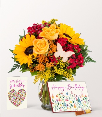 Birthday Flower Bouquet with Chocolate and Greeting Card