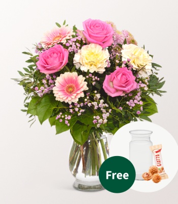 Flower Bouquet with Vase and Chocolates