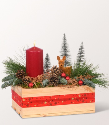 Red Flower Arrangement in Wooden Box