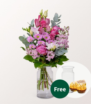 Flower Bouquet With Vase And Ferrero Rocher - Happiness In Love