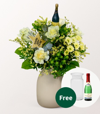 Happy New Year Flower Bouquet with Vase and Wine