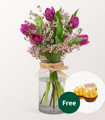 Lilac Tulips and Wax Flowers in Vase