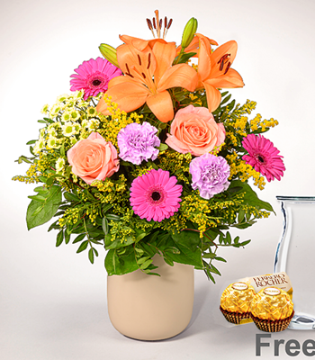 Mix Flower Arrangement with Vase and 2 Ferrero Rocher