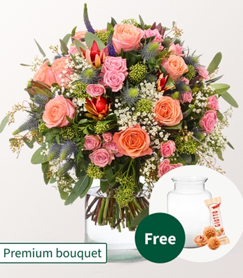 Premium-Blumenstrauß – Gratis Vase Und Schokolade