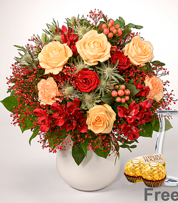 Red Flowers Bouquet with Free Vase and Ferrero Rocher