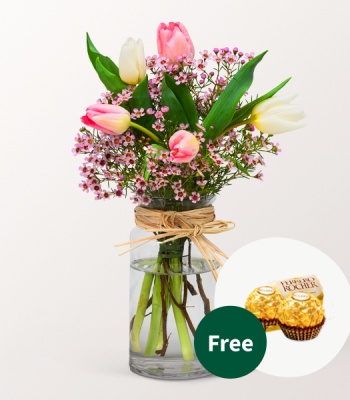 Tulips and Wax Flowers in Vase