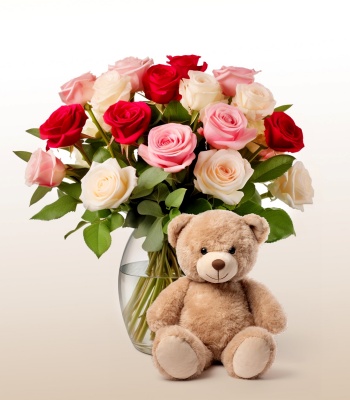 Mix Roses with Teddy Bear