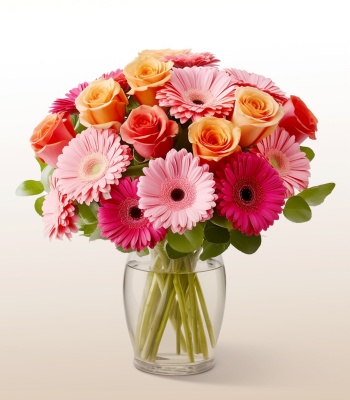 Roses and Gerbera Flowers in Vase