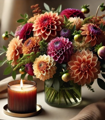 Dahlias Flower Bouquet with Candle