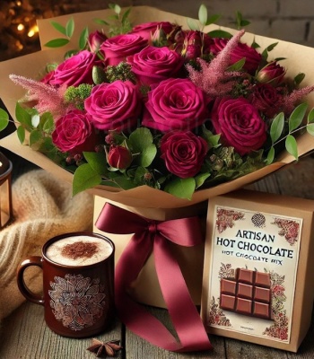 Fuchsia Roses and Hot Chocolate Box Gift Combo