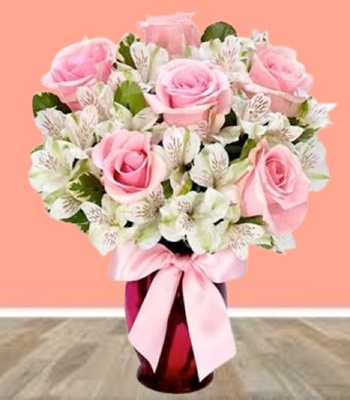Pink Roses And White Alstroemeria Bouquet