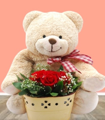 Red Roses Basket With Teddy Bear