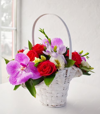Red Roses And Purple Flower Basket