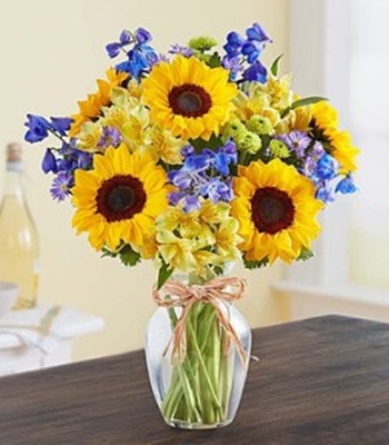 Sunflowers And Blue Flower Bouquet