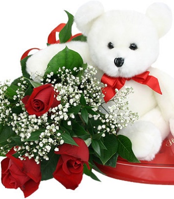 Valentine's Day 3 Red Roses and Teddy Bear