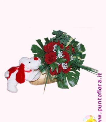 Valentine's Day Red Roses and Plush Dog Gift