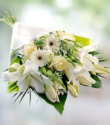 White Flowers Basket - Roses, Lilies and Gerberas