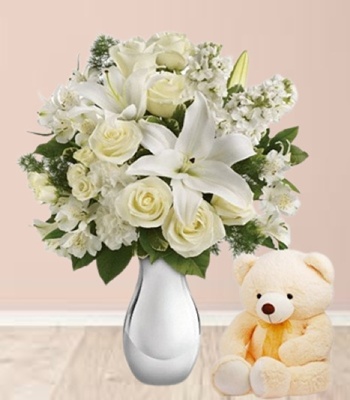 White Flower Bouquet With Teddy Bear