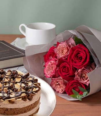 Birthday Cake with Red Rose Bouquet