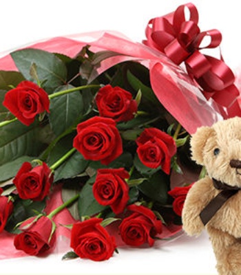 Red Roses Bouquet With A Teddy Bear