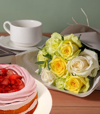 Strawberry Cake with White & Yellow Rose Bouquet