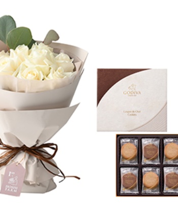 White Rose Bouquet and GODIVA Assorted cookies