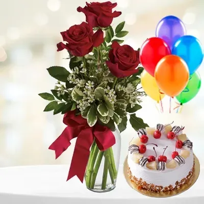 Flower, Cake and Balloons Gift Combo