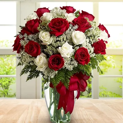 Red And White Rose Arrangement with Gypsophilas