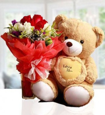 Red And White Roses and Teddy Bear Gift Combo