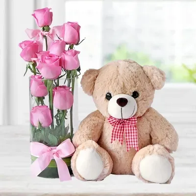 Teddy Bear and Pink Roses Gift Combo